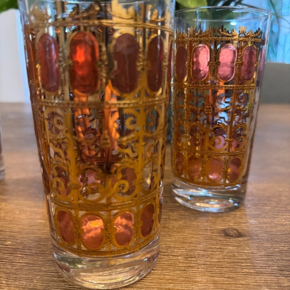 Stunning Vtg Mid-Century Fired Enamel Gold & Translucent Red Highball Glass (6) - Picture 2 of 7